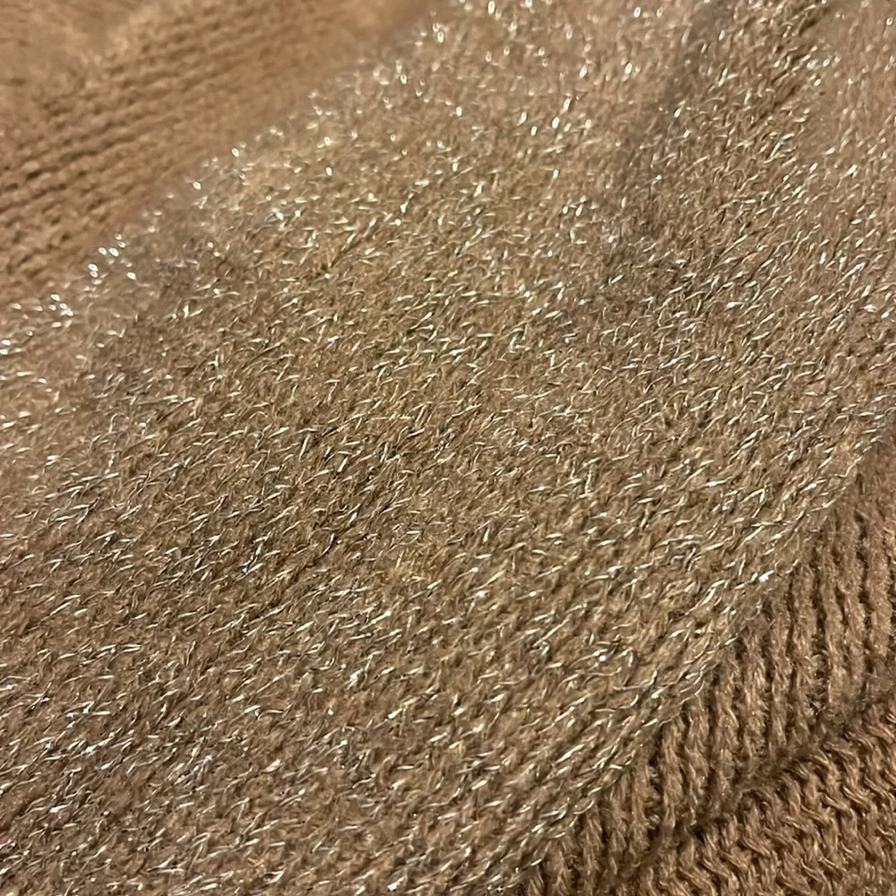 Northern Angel tan knit poncho with gold thread trim and fringe - Picture 4 of 12